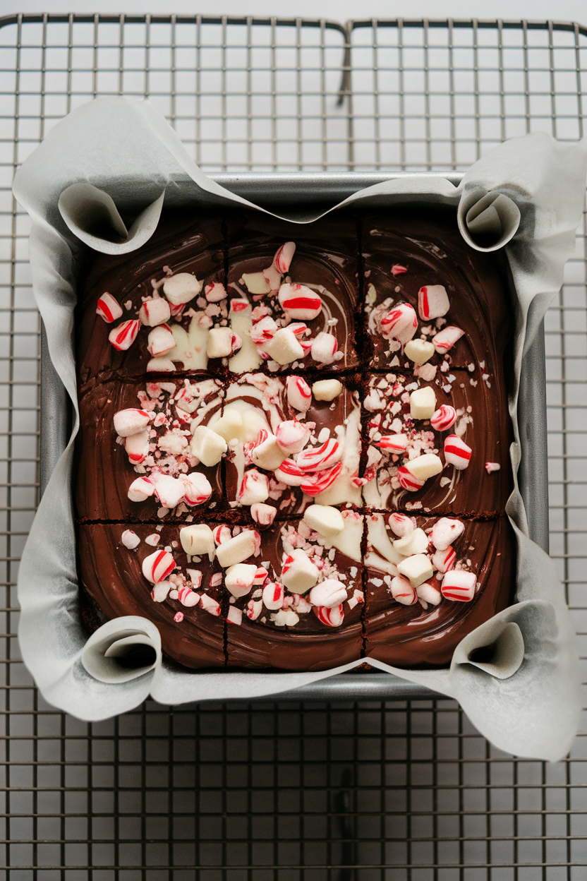 Indoor shot of a square baking tin lined with parchment and filled with glossy chocolate brownies topped with crushed candy canes and a white chocolate swirl; no text or logos.