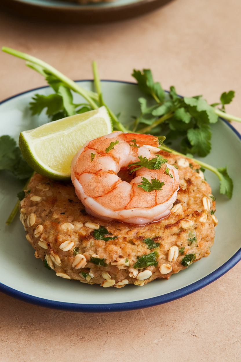 Photo of an indoor plate featuring a cooked shrimp-oat patty with herbs, garnished with a lime wedge and served bun-less; no text or logos; photo, not illustration