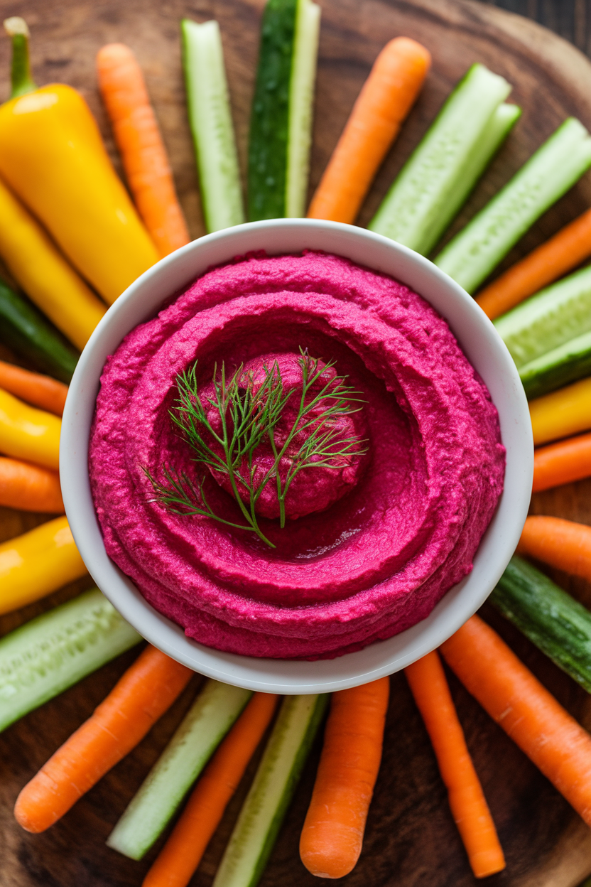 Indoor ramekins of bright pink beet hummus surrounded by assorted raw vegetable batons—yellow pepper, green cucumber, orange carrot. No logos.