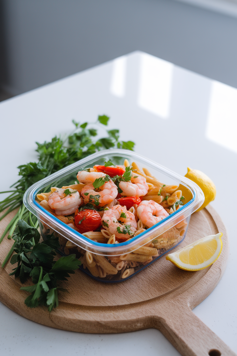 A brightly lit indoor counter displaying a meal-prep container of cooked whole-wheat penne mixed with sautéed shrimp, cherry tomatoes, and parsley. No text or logos visible. Photo only.
