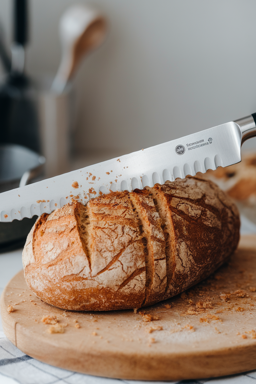 Indoor shot of a serrated bread knife mid-slice through a crusty whole-grain loaf on a breadboard, crumbs scattered, no logos.