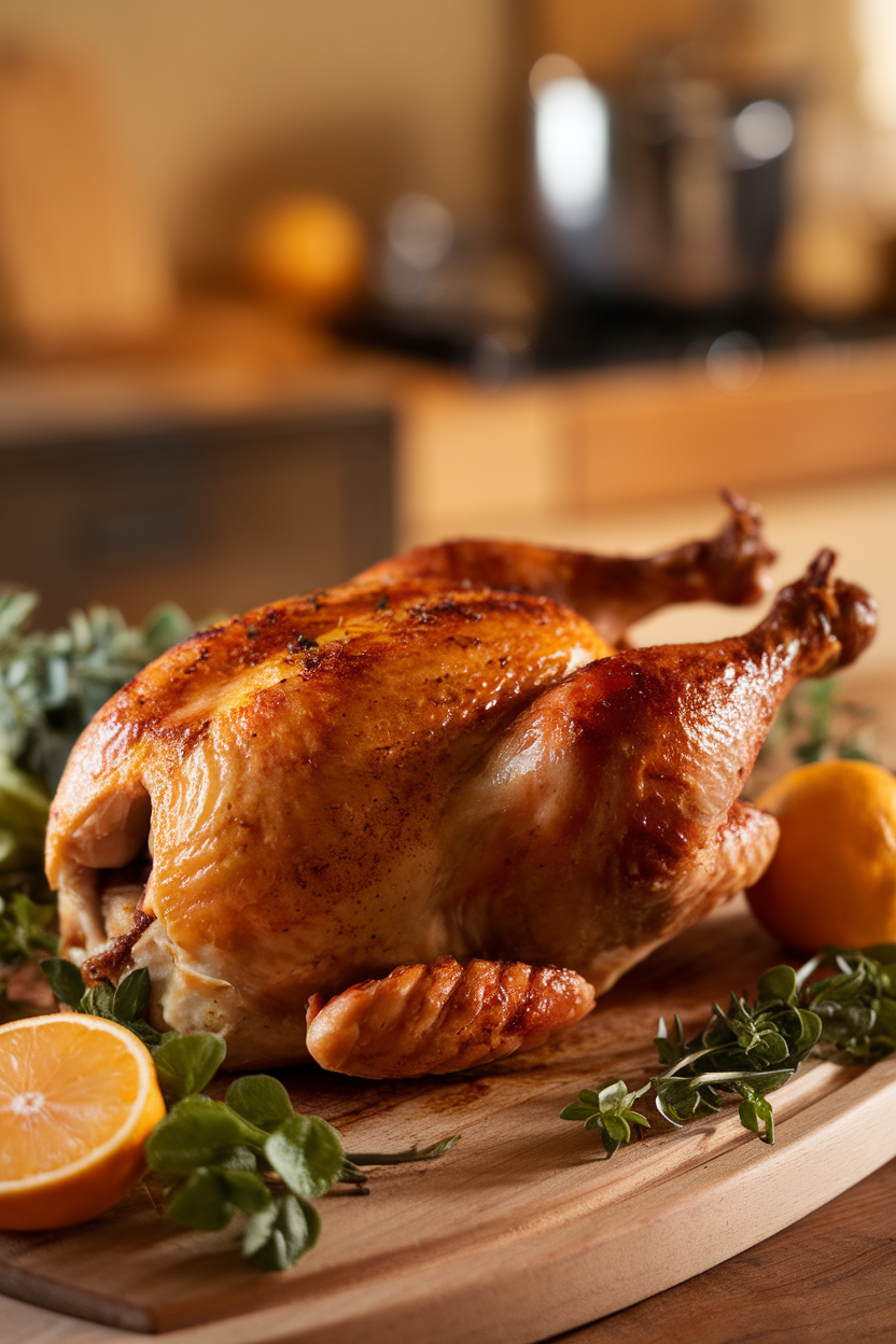A roasted whole chicken resting on a carving board under warm indoor lighting, photo, no text or logos