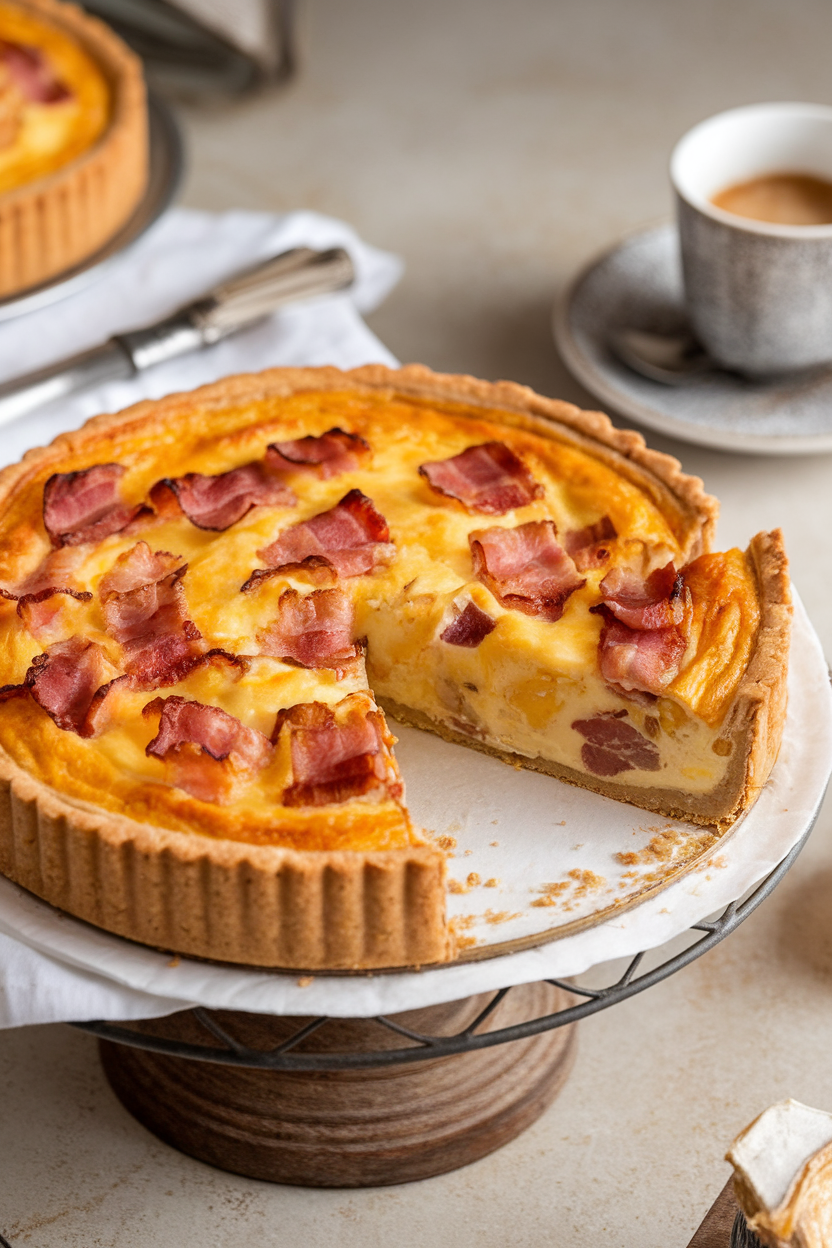 A round quiche on an indoor pastry stand, flaky crust filled with bacon, Gruyère, and custard, a slice removed. No text or logos. Photo, not illustration.