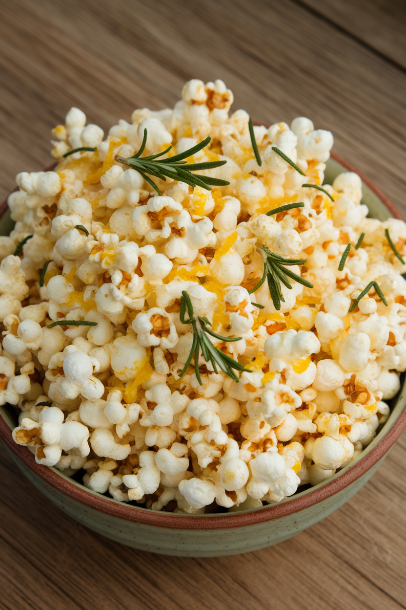An indoor ceramic bowl of popcorn drizzled with olive oil, flecked with chopped rosemary and orange zest; no text or logos.