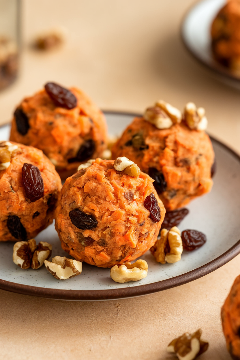 Photo of an indoor dessert plate featuring carrot-flecked energy balls studded with raisins and chopped walnuts. No text or logos.