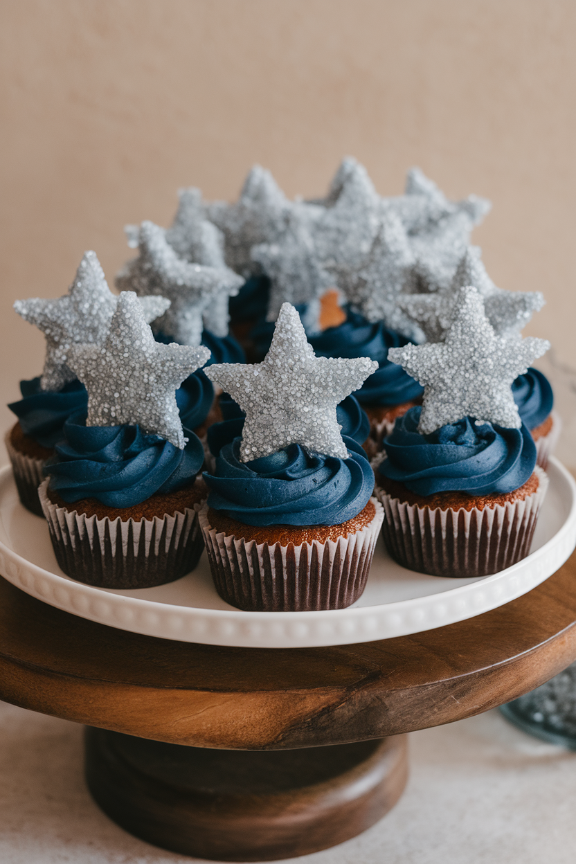 Photo of indoor cake plate with cupcakes frosted smooth in navy buttercream and topped by a single large silver sanding-sugar star, no text or logos.