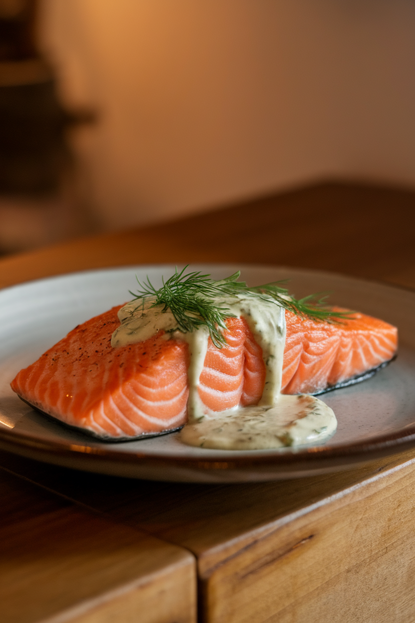 Indoor dinner plate with a cooked salmon fillet topped with a lemon-dill sauce, flakes visible, no raw fish; warm lighting; no text or logos. Photo.