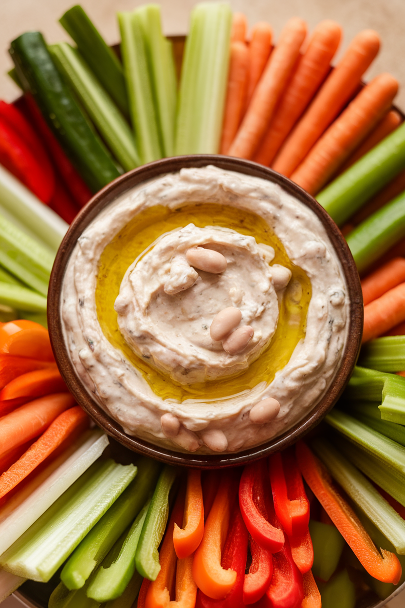 Indoor serving bowl filled with creamy white bean dip, drizzle of olive oil on top, surrounded by veggie sticks, no text or logos
