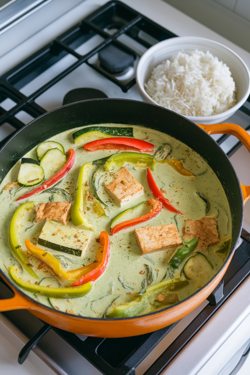 Indoor stovetop scene of a Dutch oven filled with creamy green curry dotted with bell peppers, zucchini, and tofu, served with jasmine rice on the side. No branding. Photo.