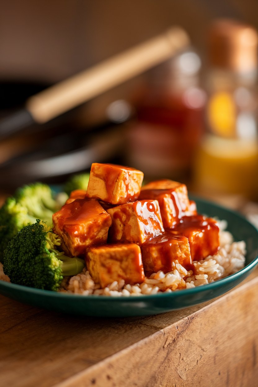 An indoor plate of cooked tofu cubes glazed in teriyaki sauce, served over brown rice with steamed broccoli. Photo, no text or logos.
