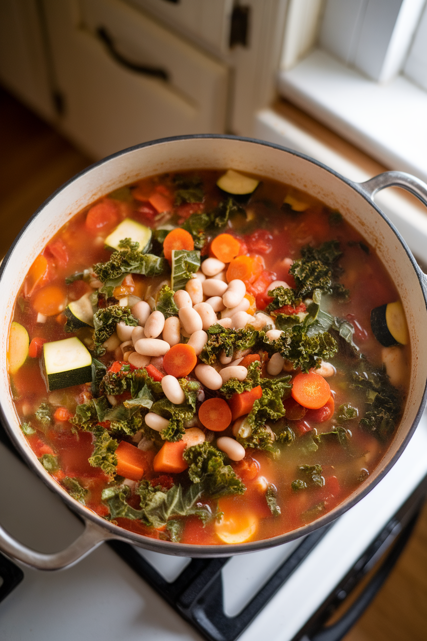 Indoor pot of colorful minestrone featuring kale ribbons and white beans, photographed from above. No text or logos.