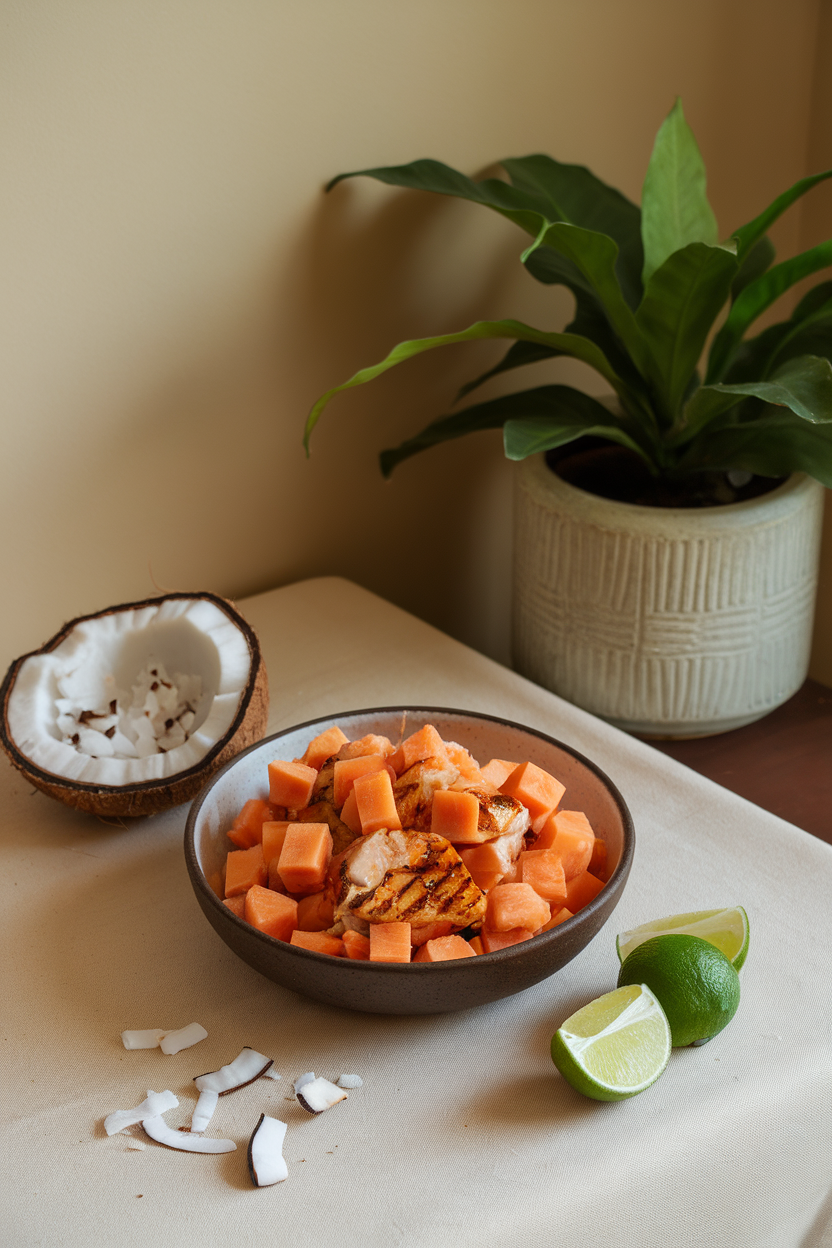 Indoor table with a bowl of diced papaya, grilled chicken, coconut flakes, and lime wedges on the side — no text or logos