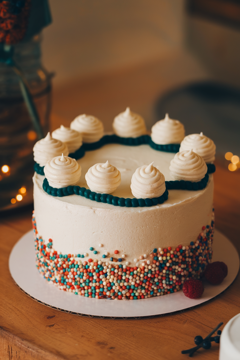 A frosted white cake indoors speckled with multicolored round sprinkles and piped buttercream “light bulbs” connected by a dark green icing string. Warm ambient lighting; no logos.