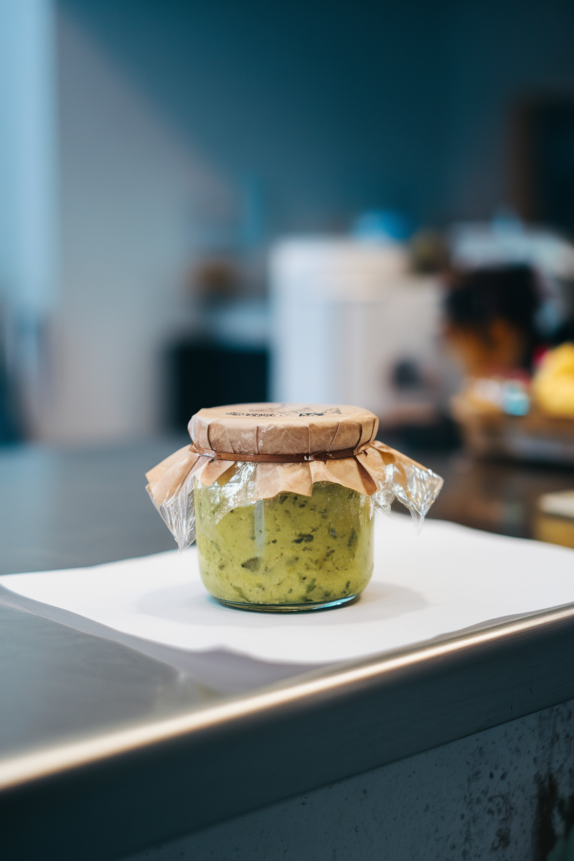 Photo, indoor counter with a small glass jar of chunky guacamole covered by plastic wrap pressed to the surface, no text or logos.