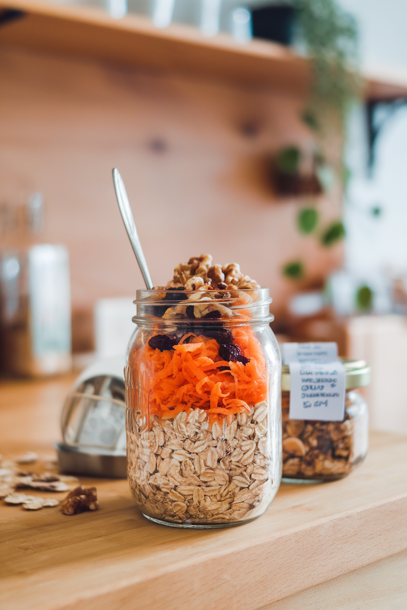 A jar on an indoor counter with oats mixed with grated carrot, raisins, and walnuts, topped with a sprinkle of cinnamon; no logos or text.