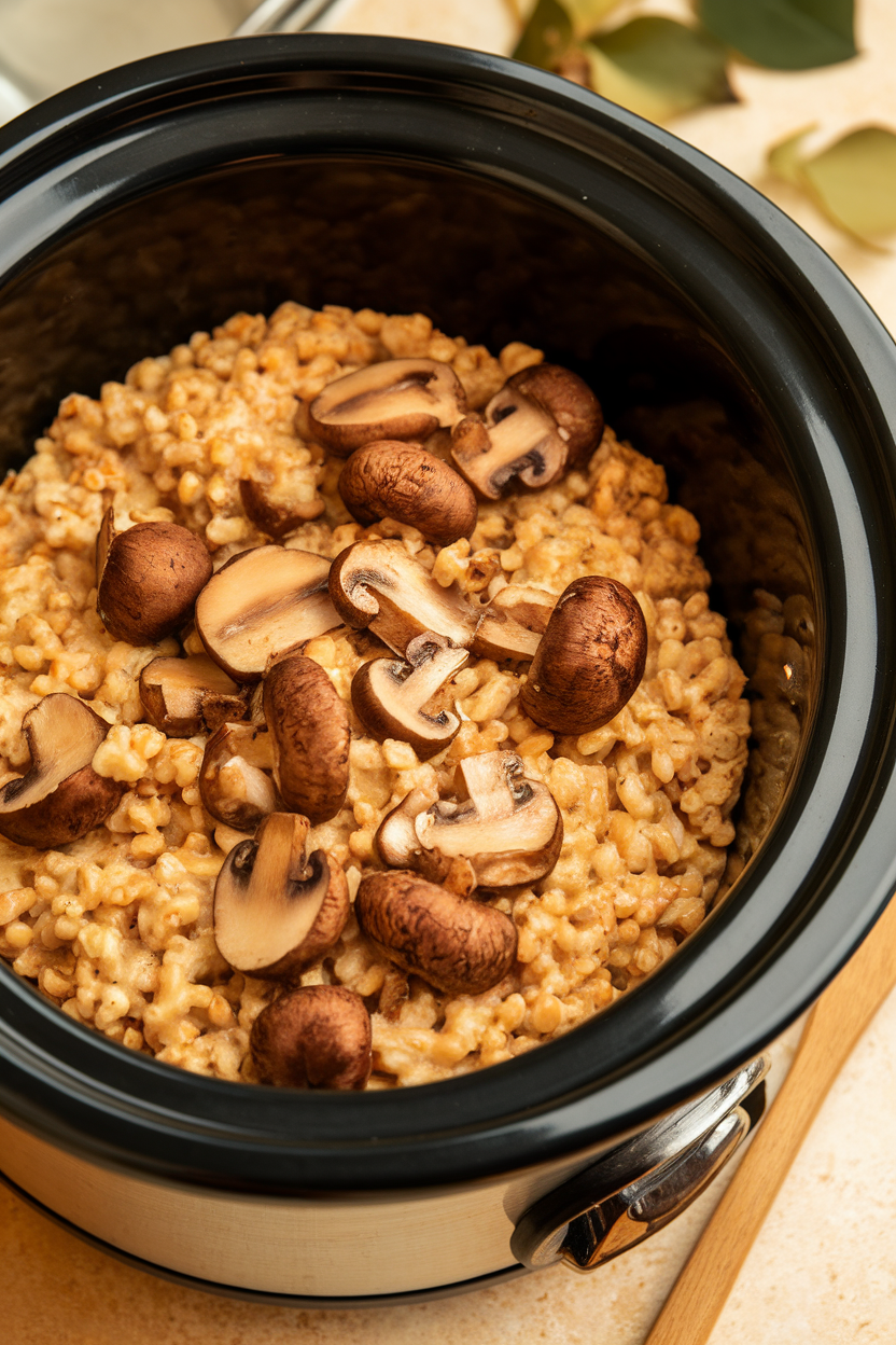 Indoor photo of creamy barley mixed with sautéed mushrooms in a crockpot insert, wooden spoon resting nearby, no text or logos.