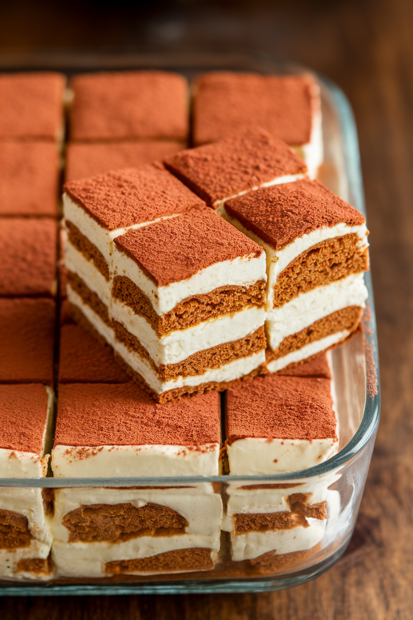 Indoor photo of square slices of gingerbread tiramisu layered in a glass dish, cocoa dusting on top, no text or logos