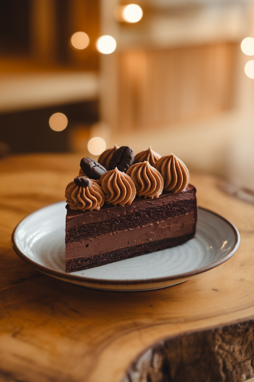 An indoor coffee-shop style table holding a dark chocolate torte slice topped with espresso buttercream rosettes and a few chocolate-covered espresso beans. Warm lighting, no text or logos. Photo, not illustration.