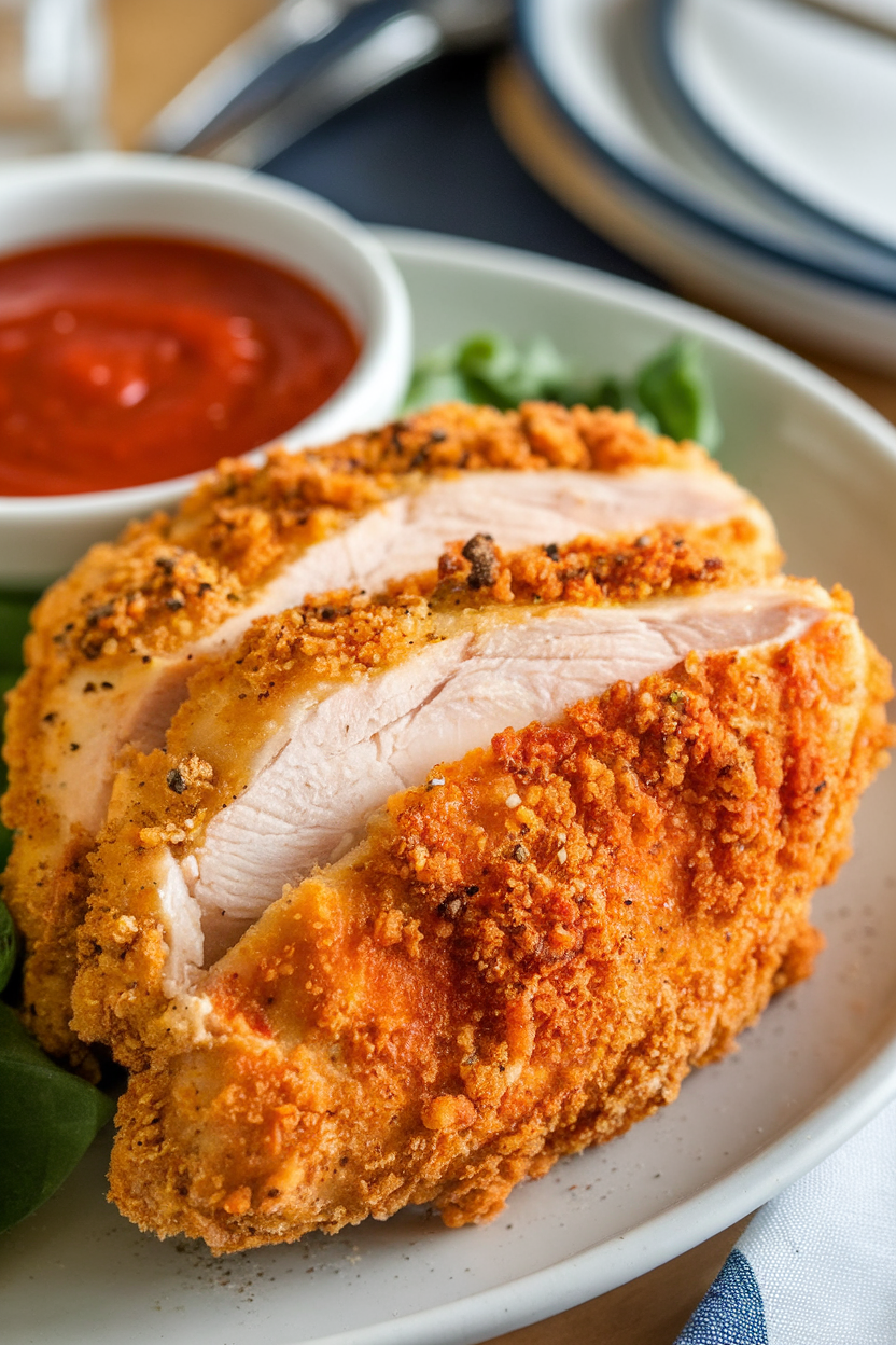 Close-up photo of sliced air-fried chicken breast with a golden Parmesan crust, indoor table setting, small bowl of marinara in background. No text or logos.