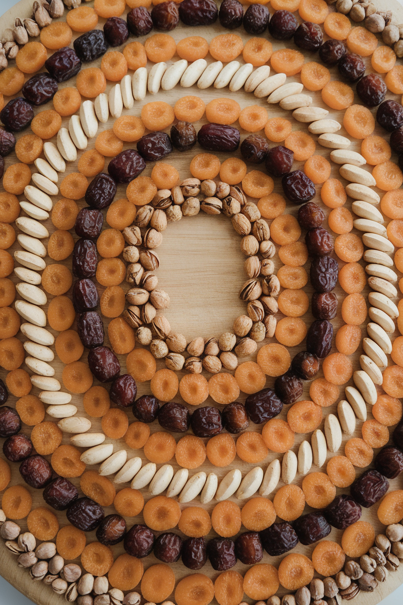Overhead indoor photo of a long wooden board lined with alternating rows of dried apricots, almonds, dates, and pistachios in the shape of a garland; no text or logos