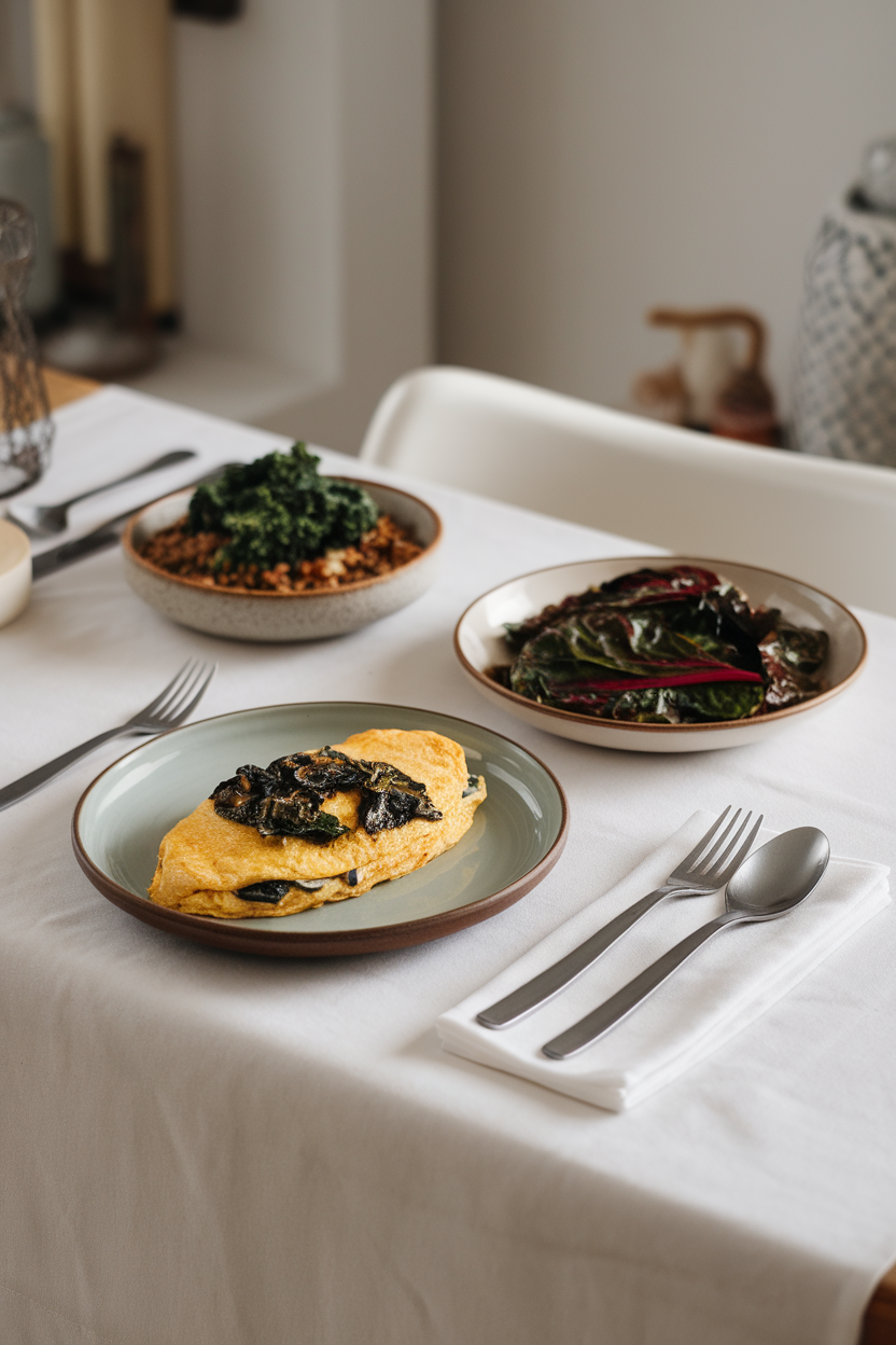 An indoor dining table holding three small plates: a breakfast omelet topped with spinach, a lunch grain bowl featuring kale, and a dinner stir-fry with Swiss chard. No text or logos. Photo.