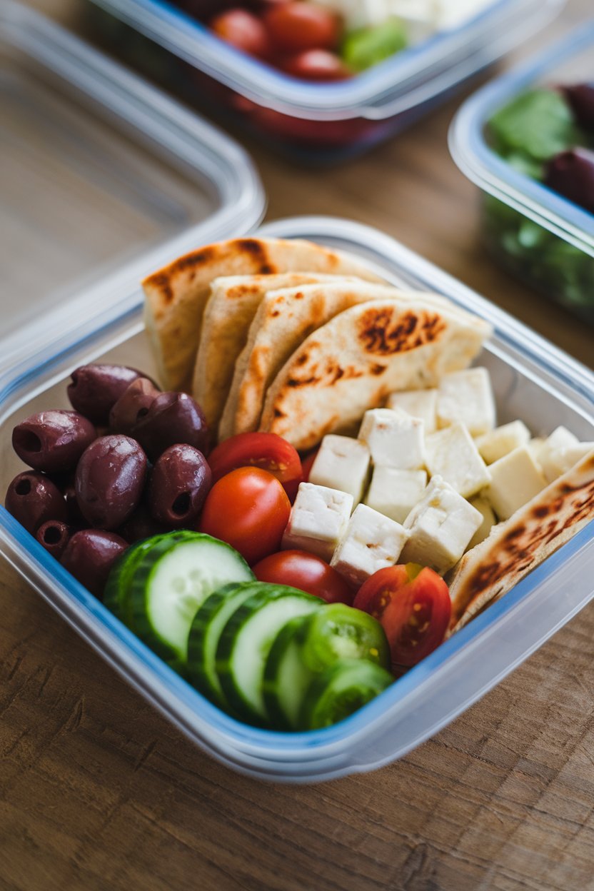 An indoor meal-prep container featuring small portions of olives, cucumber slices, grape tomatoes, feta cubes, and pita triangles. Photo, no text or logos.