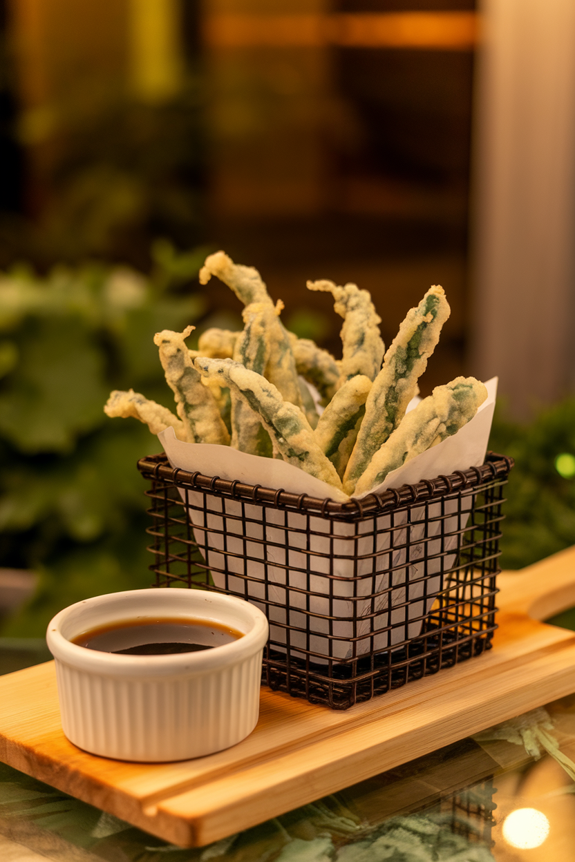 Photo of an indoor basket filled with lightly golden tempura green beans, small ramekin of soy-ginger dip beside it, under warm lighting; no text or logos.
