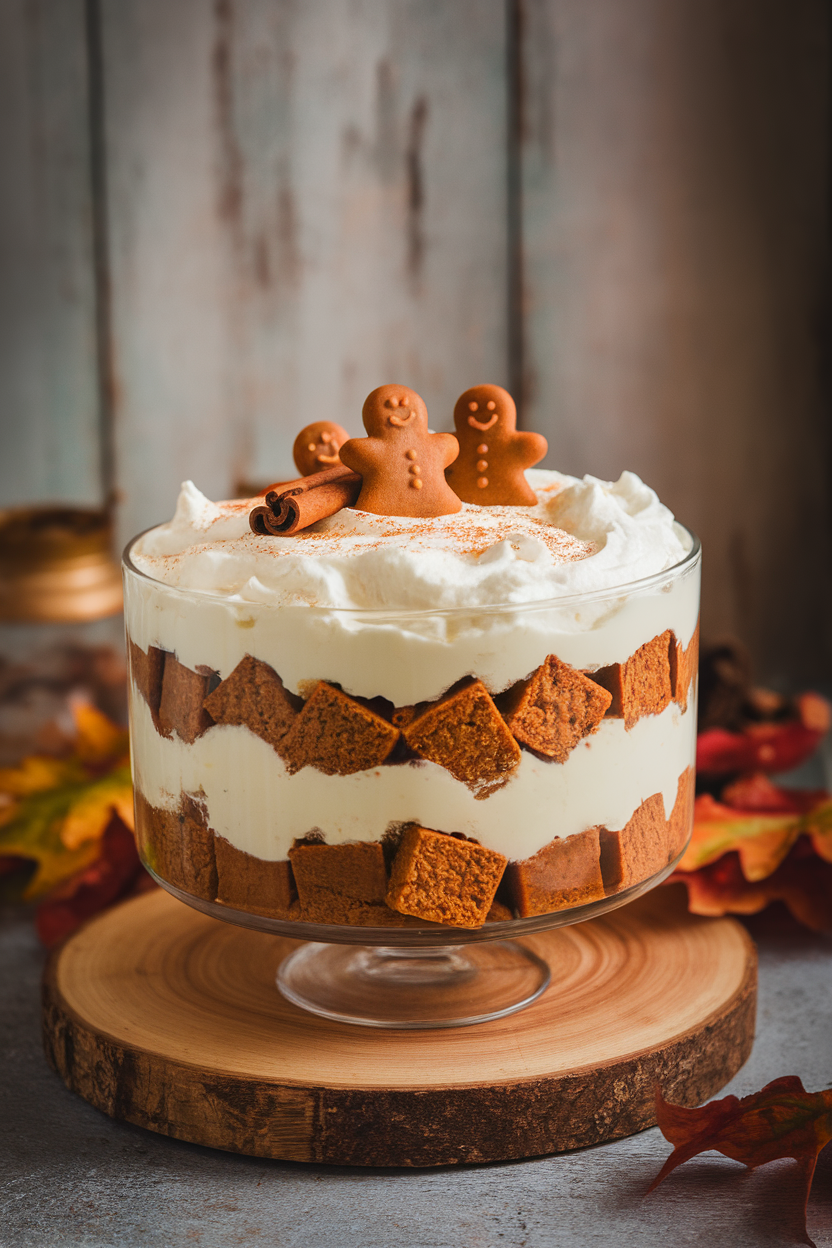 An indoor trifle dish layered with gingerbread cubes, whipped cream, and spiced pudding, photo, no text or logos.