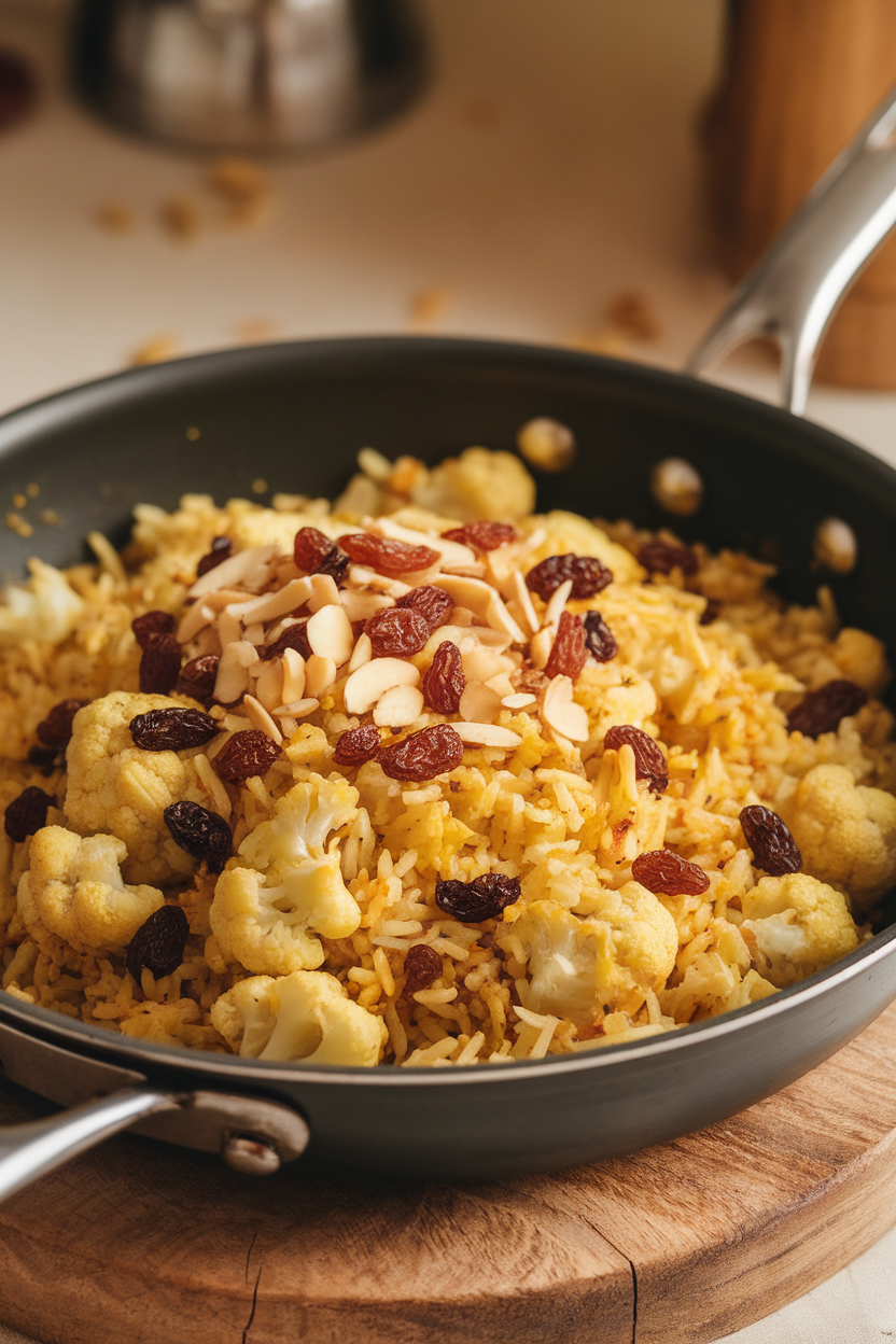 Photo prompt: An indoor sauté pan of spiced cauliflower-rice pulao with raisins and almonds scattered on top. No text or logos anywhere.