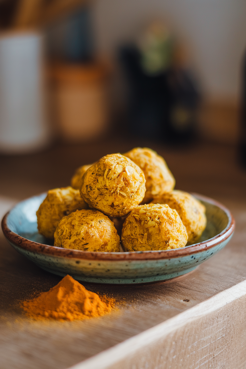 Photo of a ceramic plate indoors with golden-hued ginger turmeric energy balls, small pile of ground turmeric beside them. No text or logos.