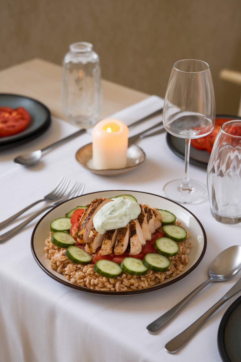 An indoor dining table featuring farro topped with oregano grilled chicken, cucumbers, tomatoes, and a dollop of tzatziki. No text or logos present.