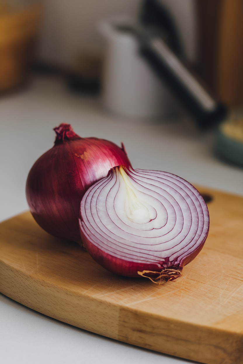 An indoor counter scene with a freshly sliced red onion revealing vibrant concentric rings, no text or logos present.