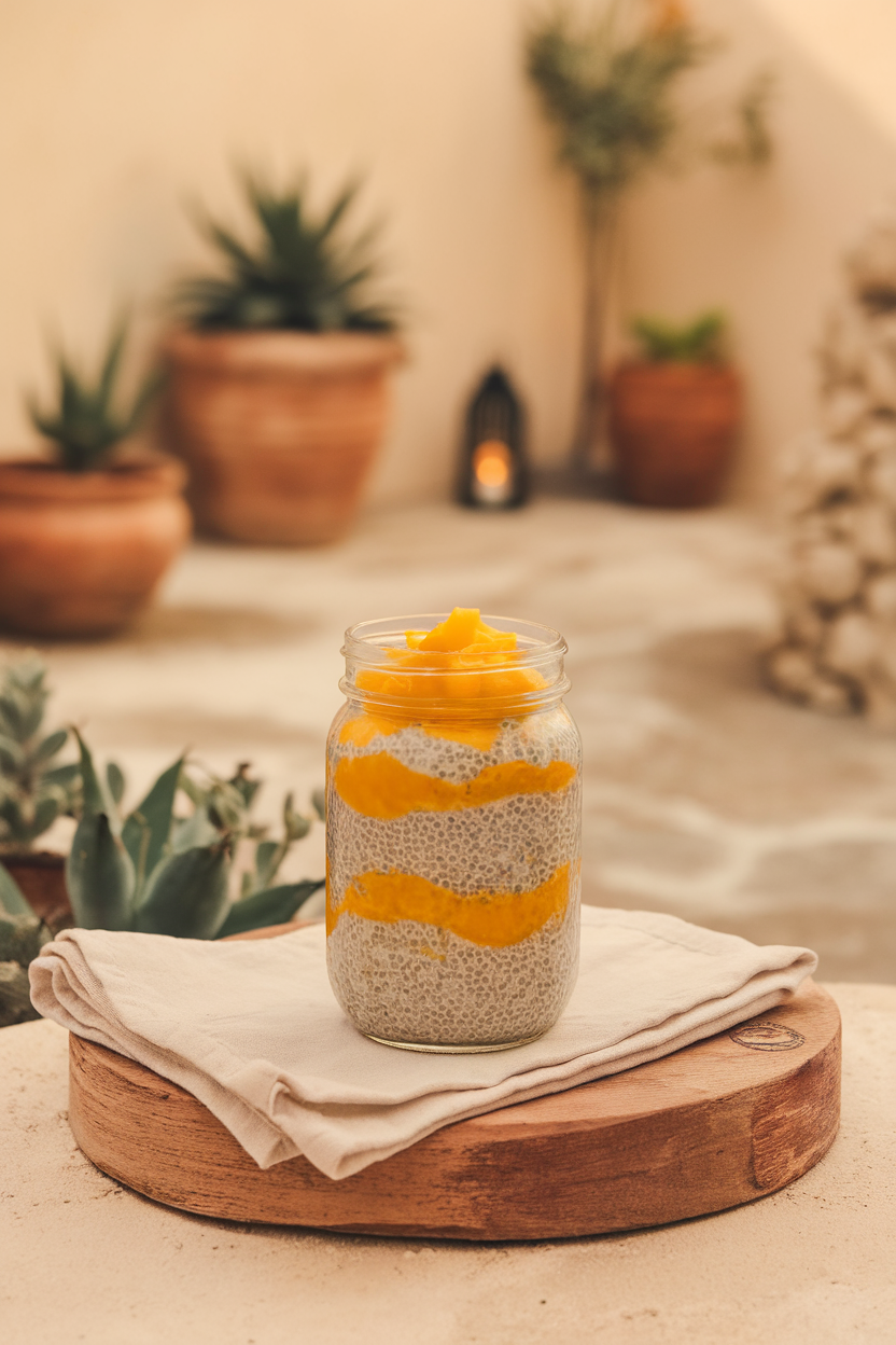 An indoor café table with a small mason jar of layered chia pudding and puréed mango, garnished with coconut flakes. No text or logos visible.