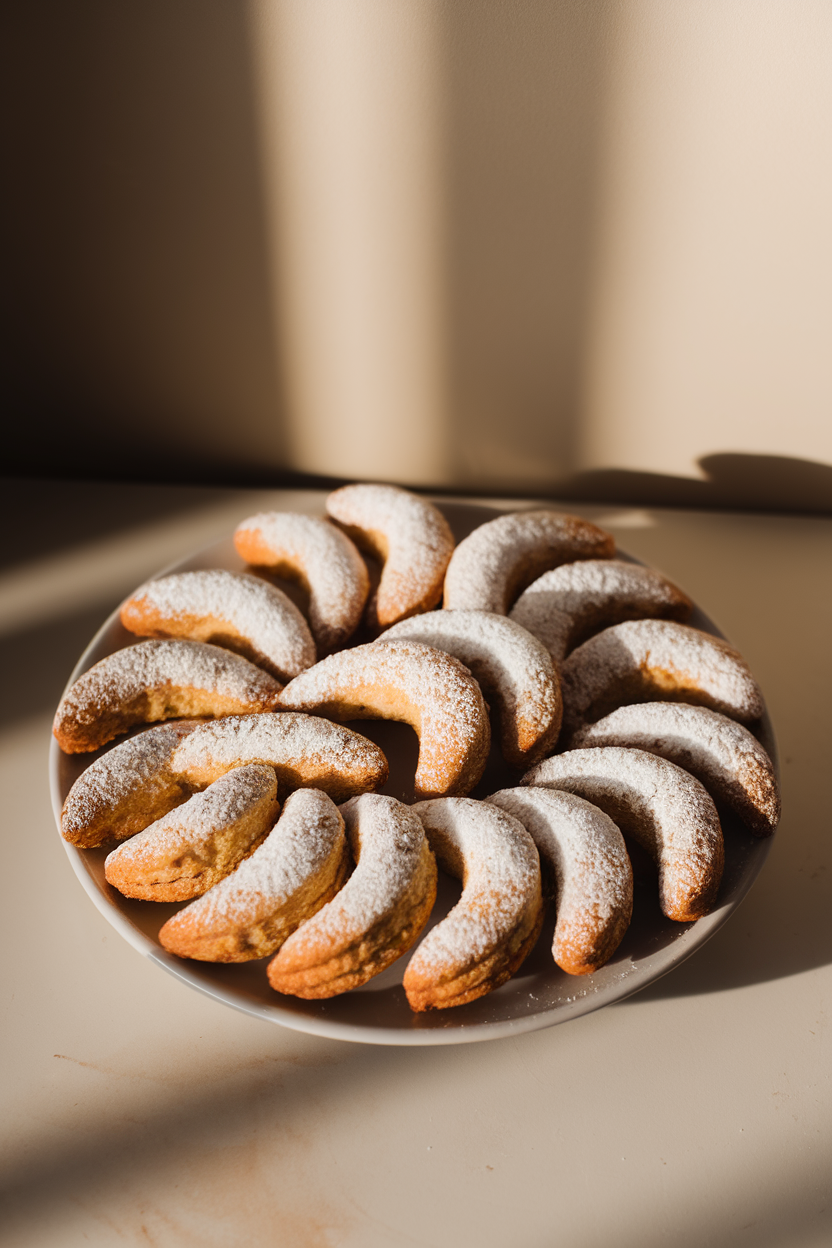 A small indoor plate of crescent-shaped almond cookies dusted in powdered sugar, arranged in a fan. Photo, no text or logos.