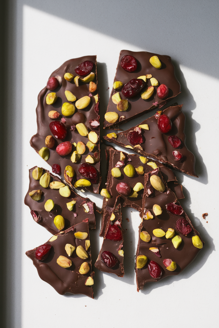 Indoor photo of chocolate bark broken into cookie-size pieces, dotted with pistachios and cranberries. Photo, no text or logos.