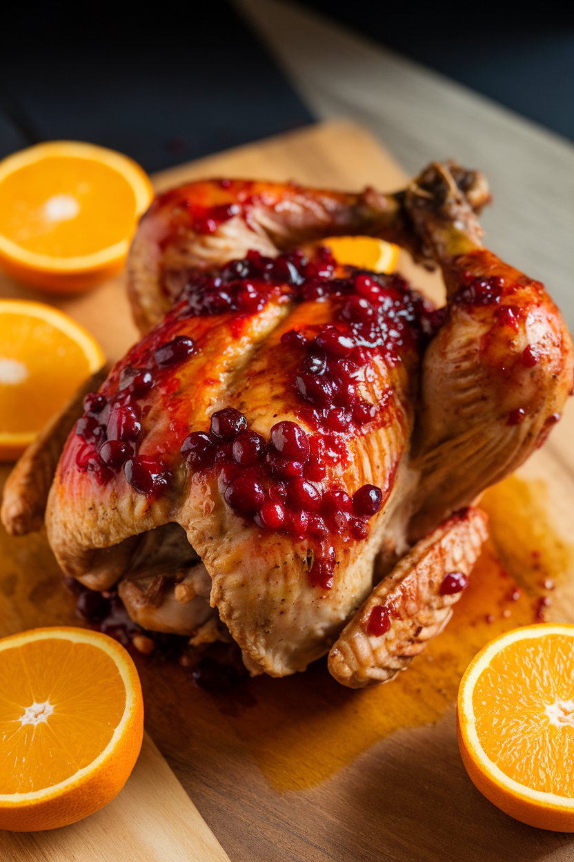 Indoor photo of a trussed roast chicken with glossy cranberry-orange glaze, orange slices scattered around, no text or logos.