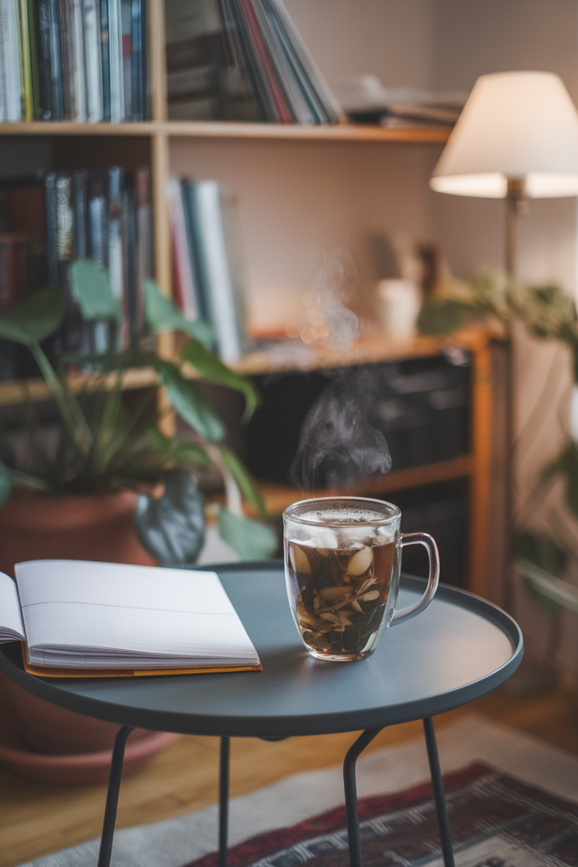 Photo of a cozy indoor table holding a steaming mug of herbal tea beside a closed journal, gentle lighting, no text or logos.