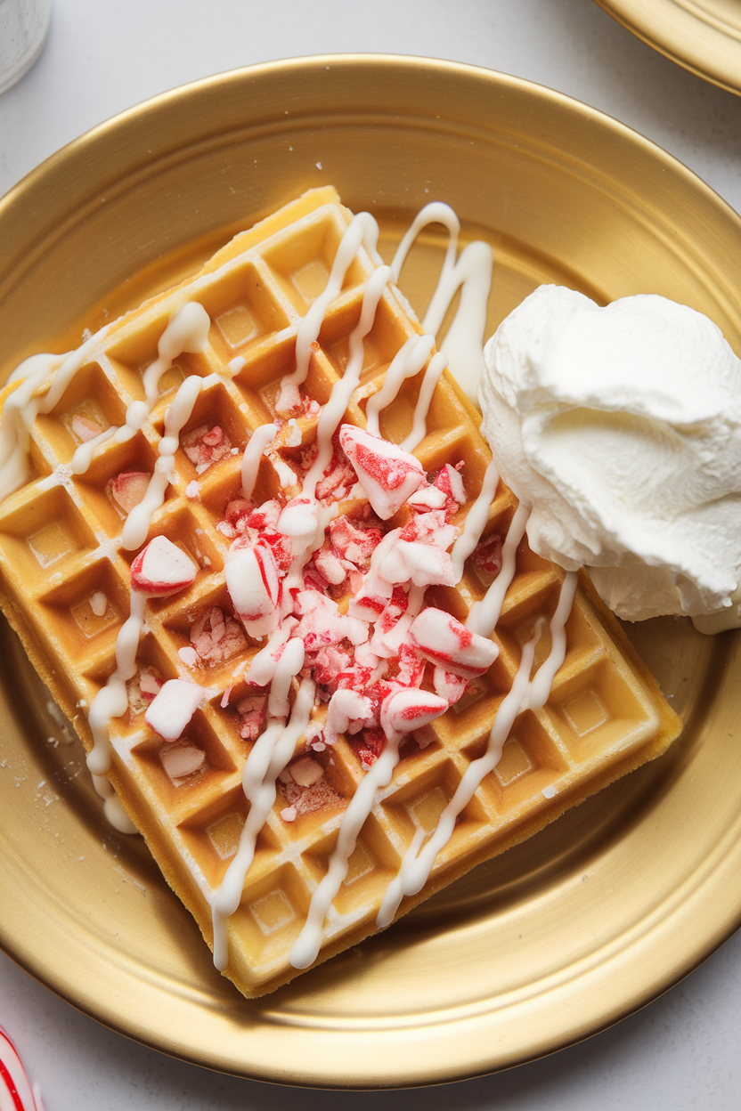 Photo of an indoor plate of golden waffles drizzled with white chocolate and sprinkled with crushed candy canes, whipped cream on the side. No text or logos visible.