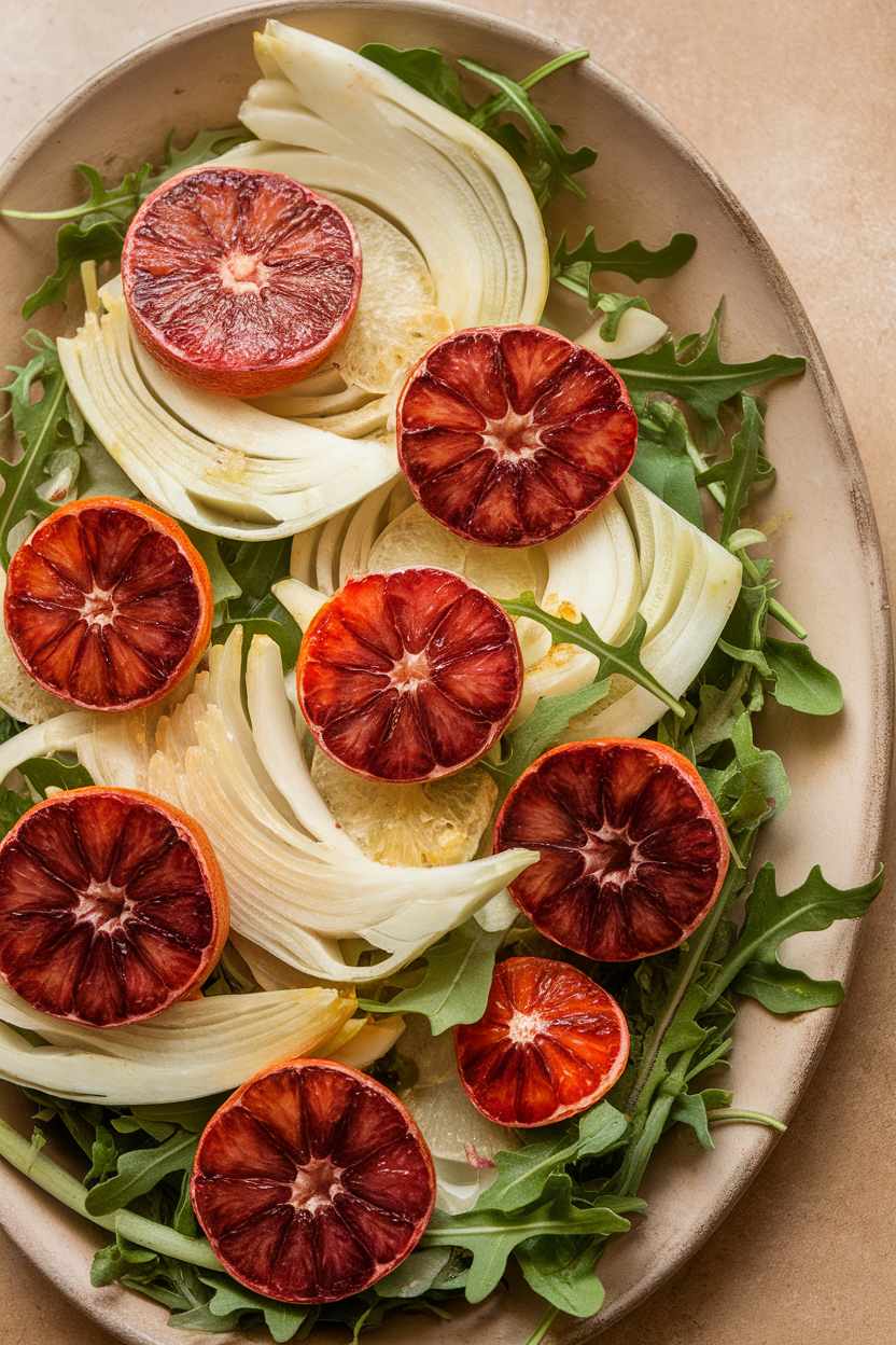 Indoor tabletop photo of a vibrant salad featuring blood orange segments, shaved fennel, and arugula on a ceramic platter, lightly dressed. No text or logos.