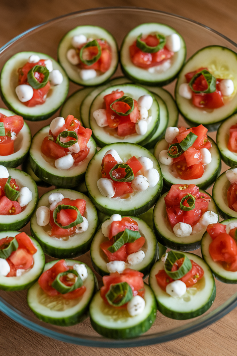 Indoor close-up of hollowed cucumber rounds filled with diced tomato, mozzarella pearls, and basil ribbons. No logos present.