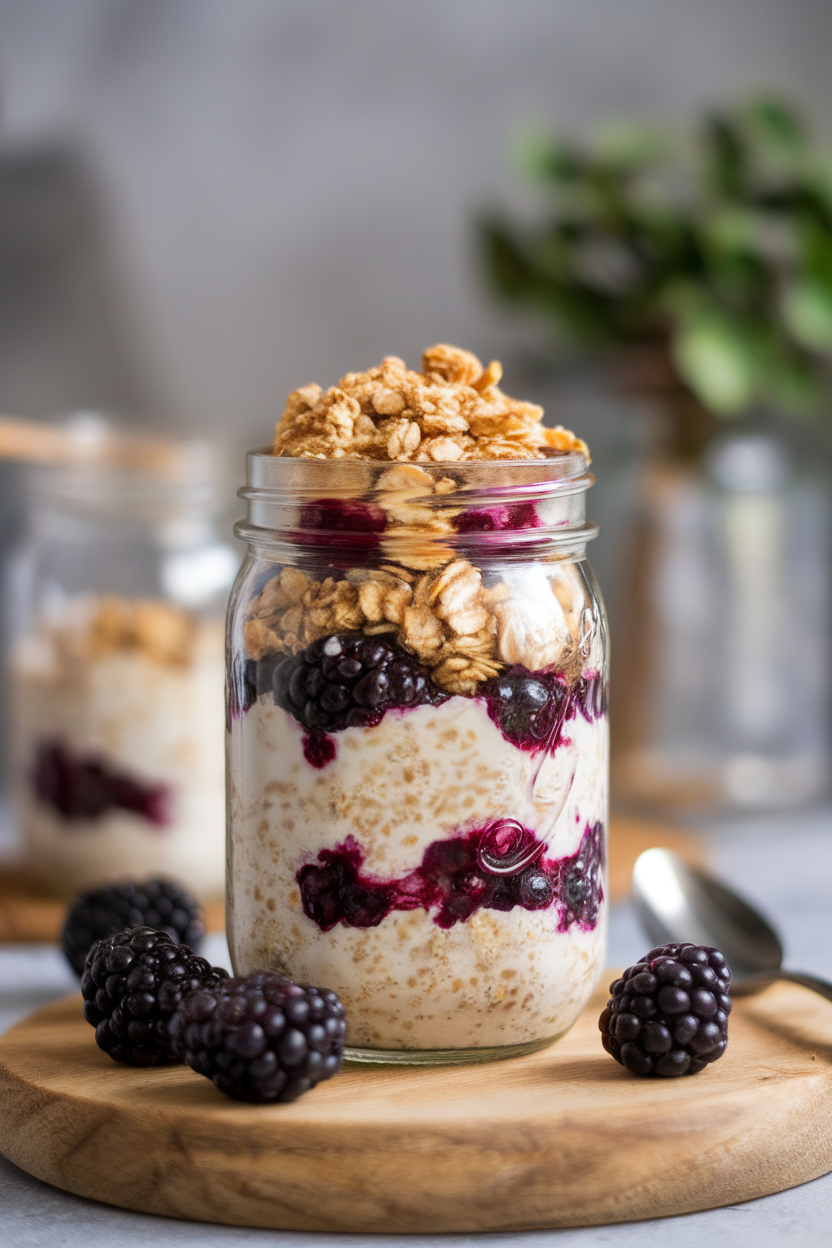 A mason jar indoors layered with cooked oats, juicy blackberries, and a crunchy oat crumble on top; no visible branding or text.