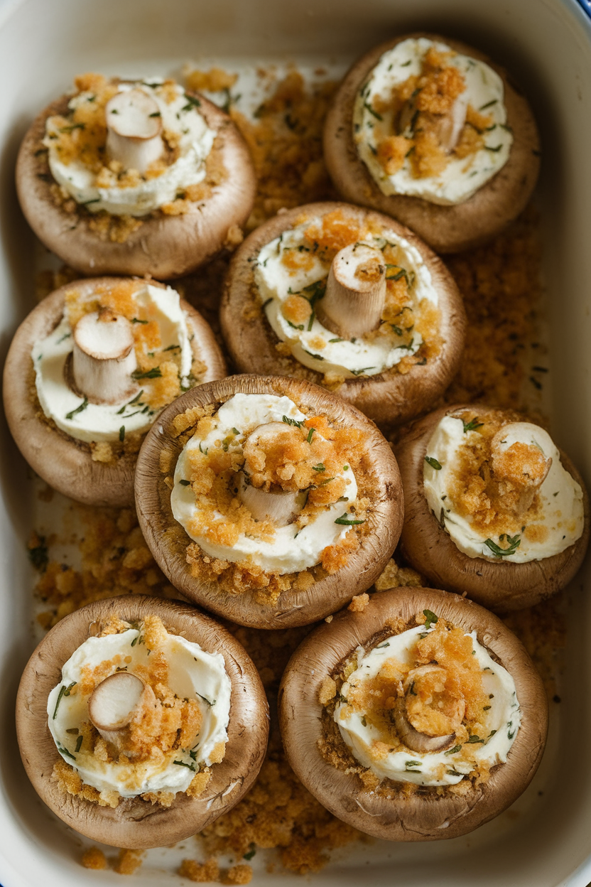 Photo of an indoor oven-to-table dish holding golden baby bella mushrooms overflowing with herbed cream cheese and breadcrumbs, warm under soft kitchen lighting; no text or logos.