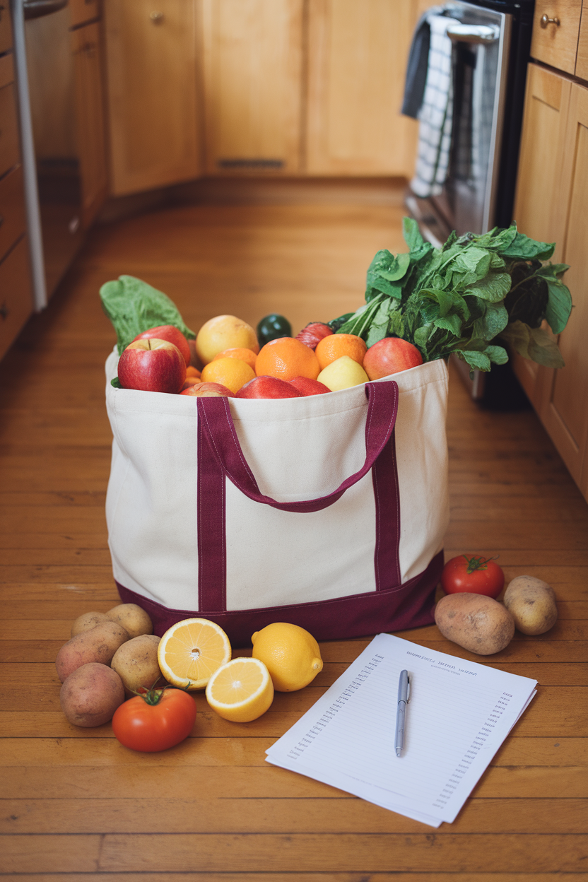 Photo of a reusable tote filled with colorful produce on an indoor kitchen floor, next to a paper grocery list. No text or logos visible.