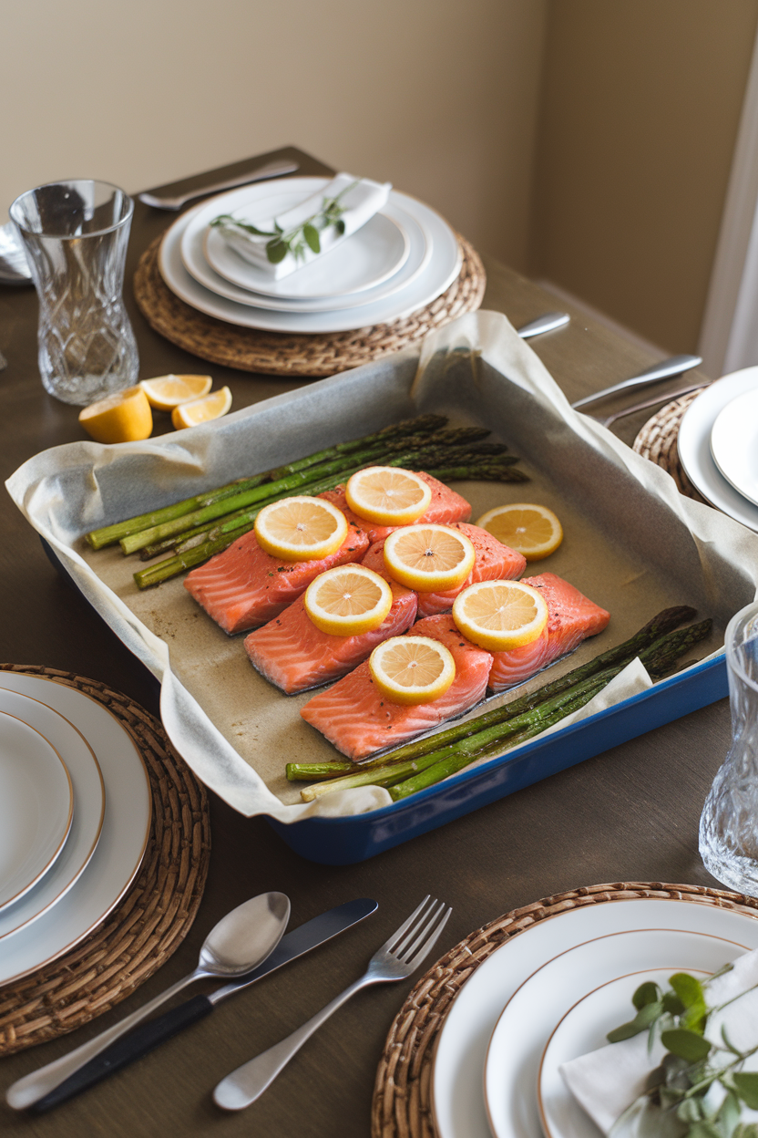 An indoor dining table set with a parchment-lined baking dish of cooked salmon fillets topped with lemon slices, roasted asparagus spears alongside. No text or logos present.