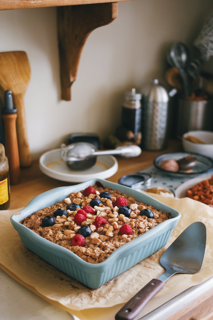 A cozy indoor kitchen counter with a square dish of baked oatmeal studded with berries and chopped nuts, a serving spatula resting next to it. Photo, no text or logos.