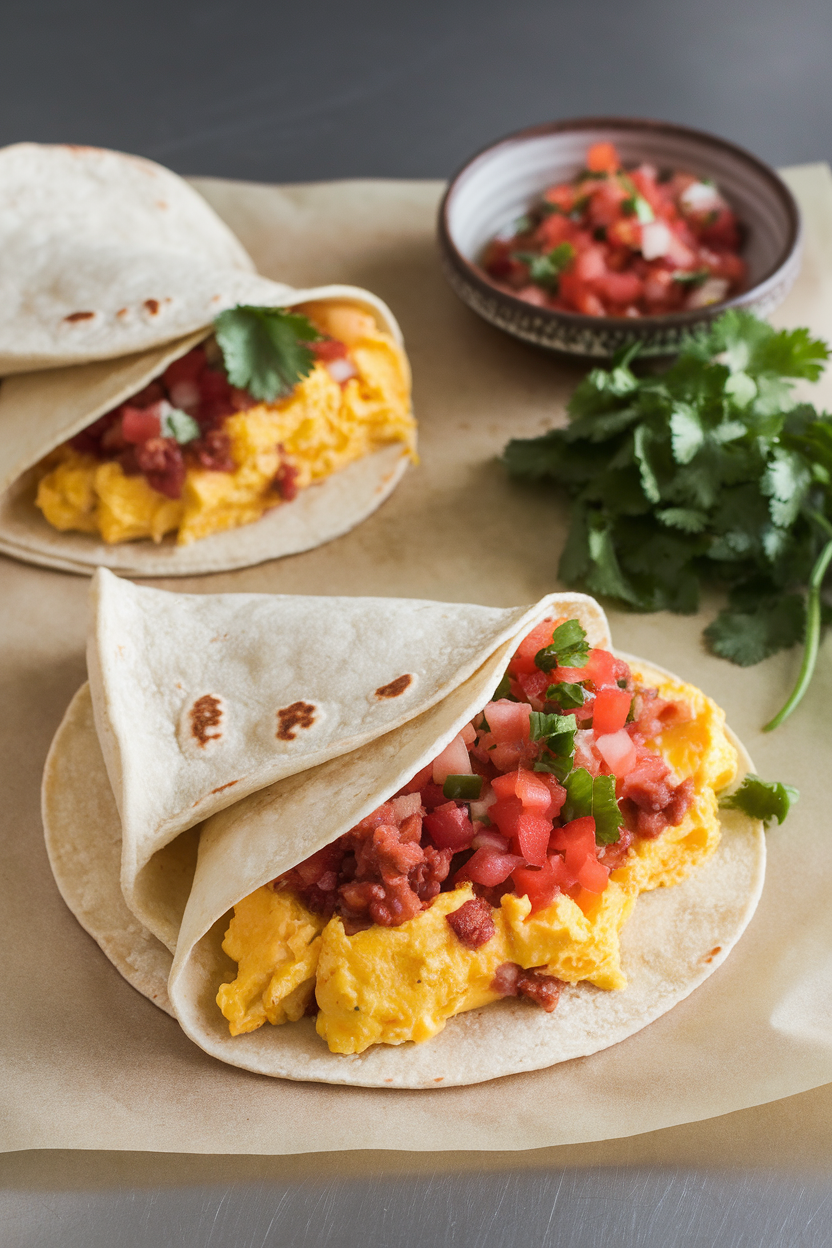 A photo of soft flour tortillas on an indoor countertop filled with scrambled eggs, crumbled chorizo, pico de gallo, and cilantro, no text or logos.