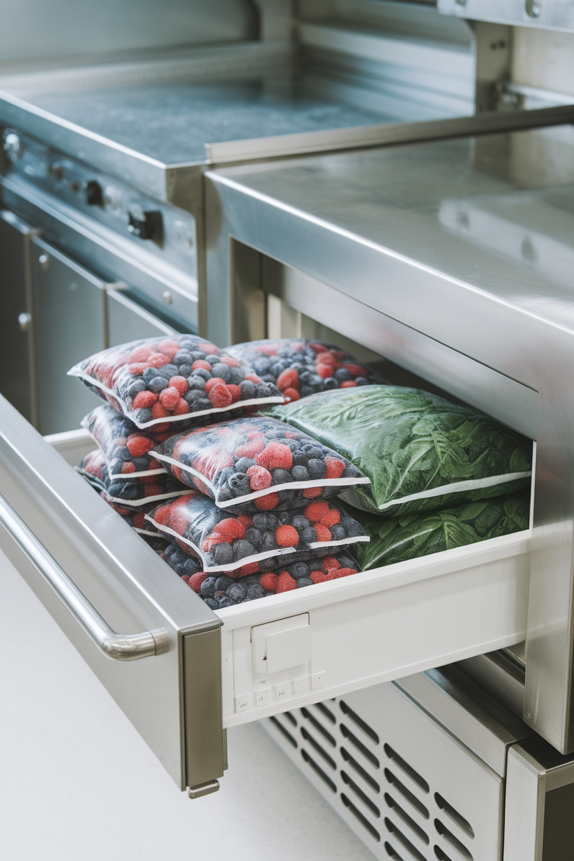 Indoor photo of a freezer drawer open, showing bags of frozen mixed berries and spinach neatly stacked; no text or logos.