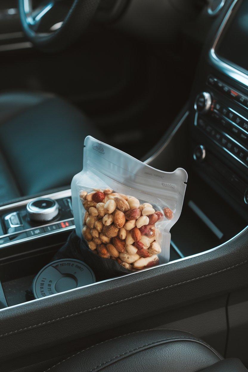 Photo of a reusable snack pouch filled with mixed nuts in a car’s center console, indoor car lighting, no text or logos.