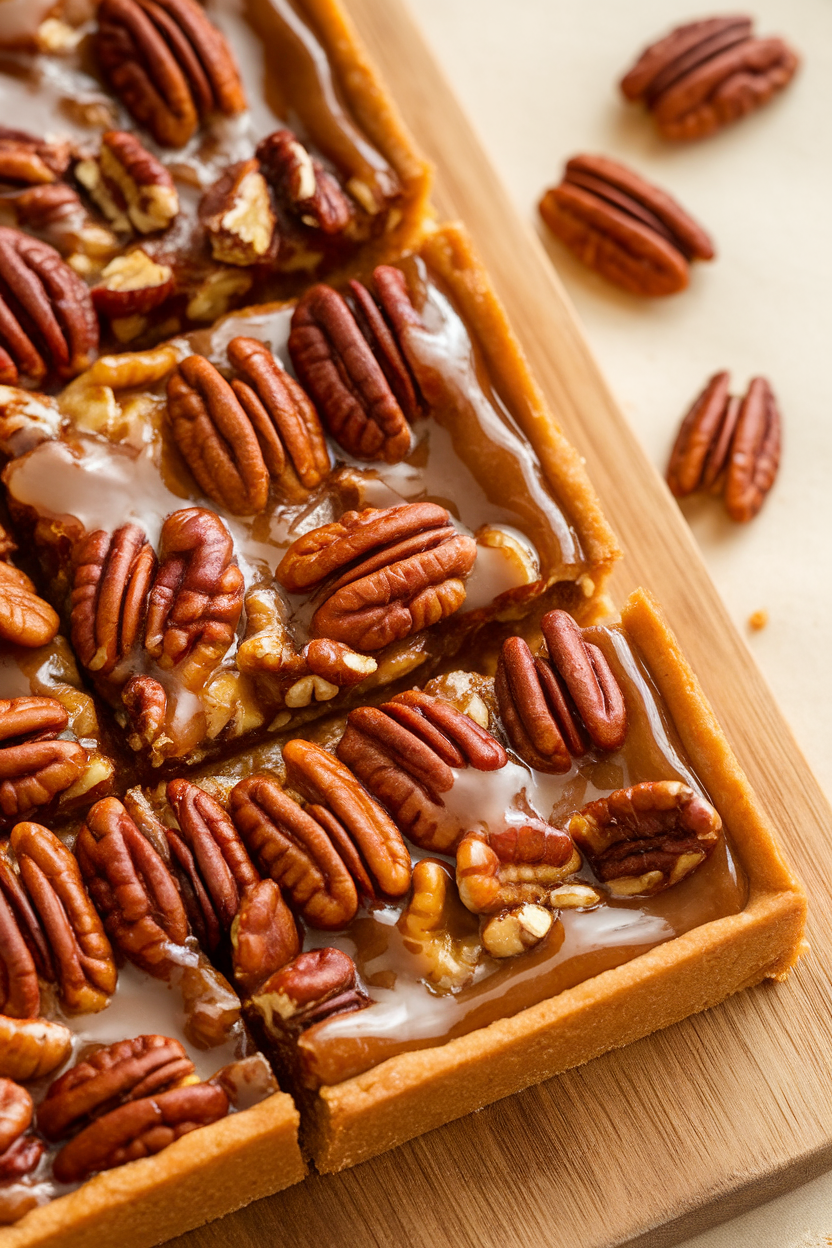 Indoor photo of rectangular pecan pie bars on a wooden board, maple glaze glistening, clean cut edges, no text or logos