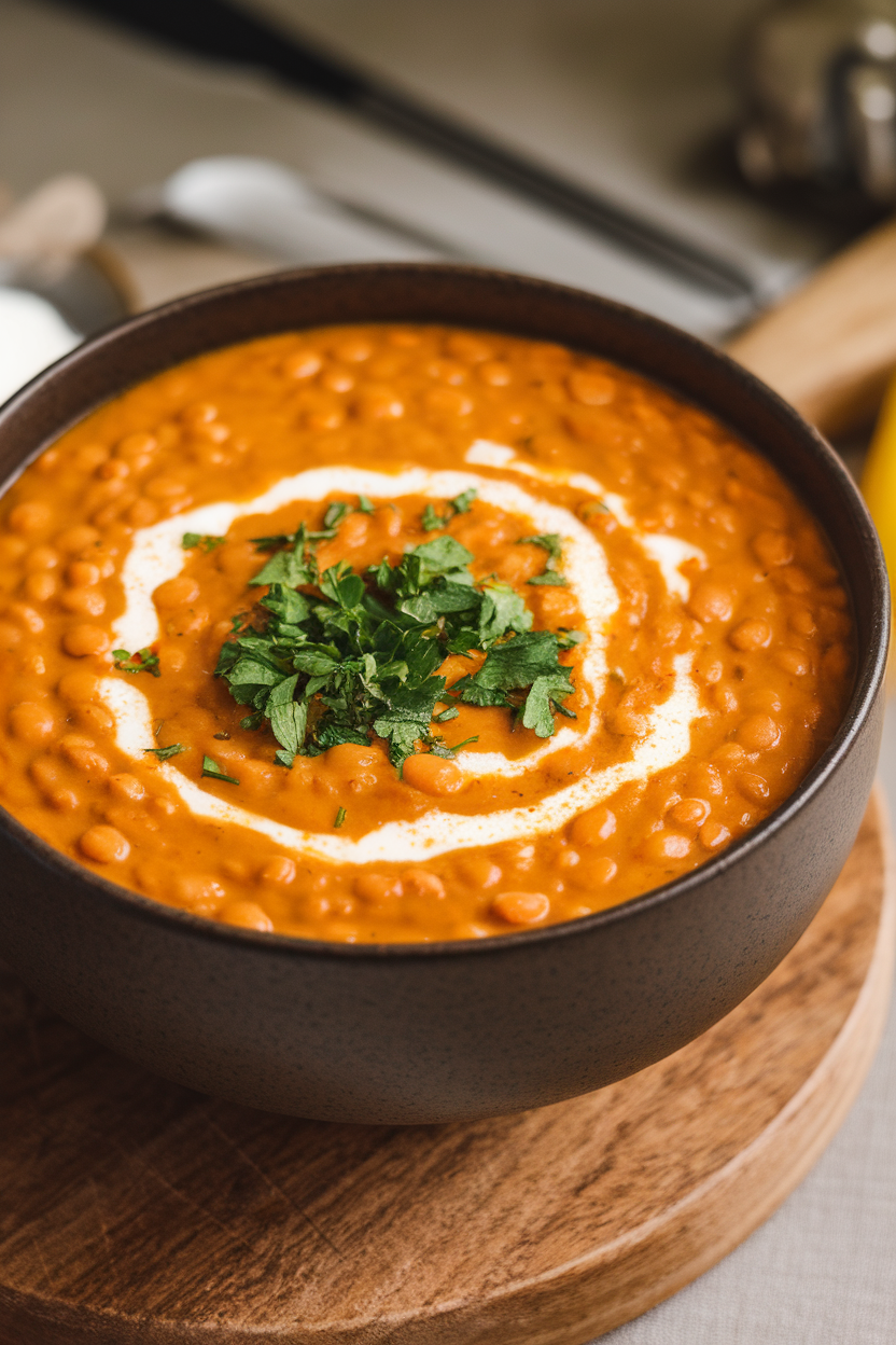 A photo taken indoors of a deep bowl filled with creamy orange lentil soup, coconut milk swirls on top and a sprinkle of chopped parsley. No text or logos in the frame.